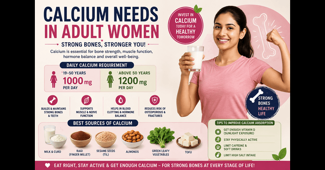 Calcium needs in adult daily requirements, benefits, and calcium-rich foods like milk, ragi, sesame seeds, almonds, green leafy vegetables, and tofu.