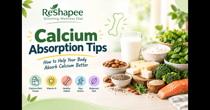 Calcium absorption tips with calcium-rich foods, vitamin D, healthy habits, physical activity, and a balanced diet.