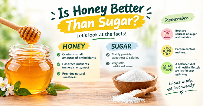 is Honey better then sugar- Honey and sugar comparison poster showing their nutritional differences, antioxidants, calories, and the importance of portion control.