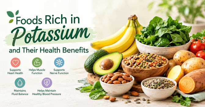Food rich in potassium including bananas, avocado, spinach, leafy green vegetables, lentils, beans, potatoes, almonds, and seeds, highlighting their health benefits for heart health, muscle function, nerve function, fluid balance, and blood pressure.