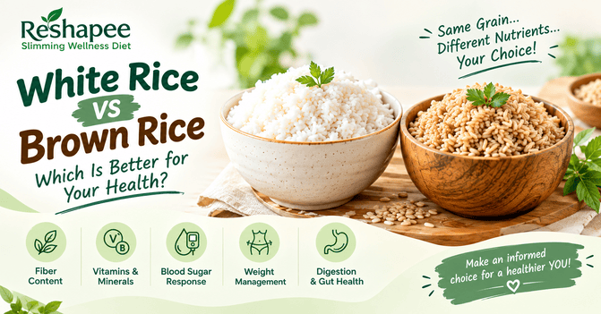 White rice and brown rice comparison showing differences in fiber, vitamins, minerals, blood sugar response, weight management, and digestion.